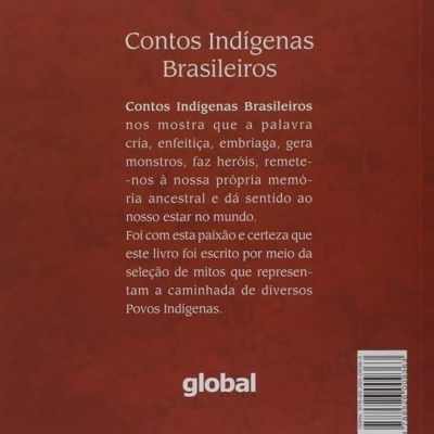 Capa traseira de livro com padrão indígena e texto Contos Indígenas Brasileiros