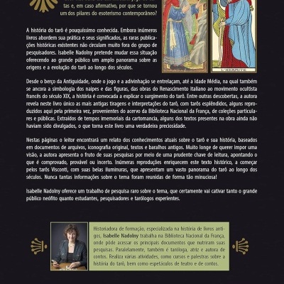 Contracapa de livro com texto explicativo sobre tarô, duas cartas de tarô antigas e foto da autora Isabelle Nadolny