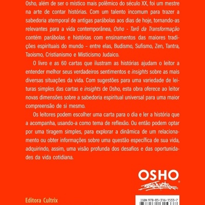 Contracapa do produto Osho - Tarô da Transformação em fundo vermelho com texto e código de barras.