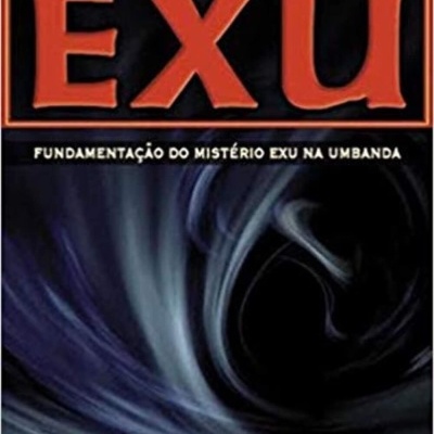 Capa de livro abstrata azul e negro com texto sobre Orixá Exu