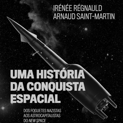 Capa de livro com imagem de foguetão preto no espaço e texto em branco