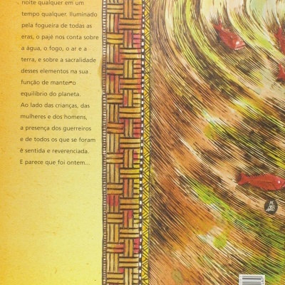 Contracapa de livro com texto, padrão geométrico lateral e ilustração de peixes na água