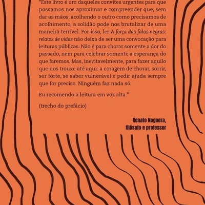 Capa traseira de livro laranja com texto em português e linhas pretas onduladas