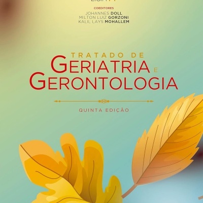Capa de livro Tratado de Geriatria e Gerontologia com folhas amarelas e texto em vermelho e amarelo