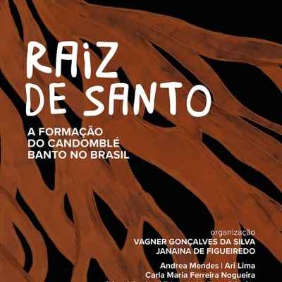 Capa de livro preto e castanho com texto branco sobre Raíz de Santo.