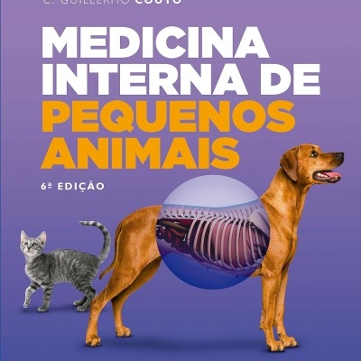 Capa de livro Medicina Interna de Pequenos Animais com gato, cão e ilustração de esqueleto em círculo