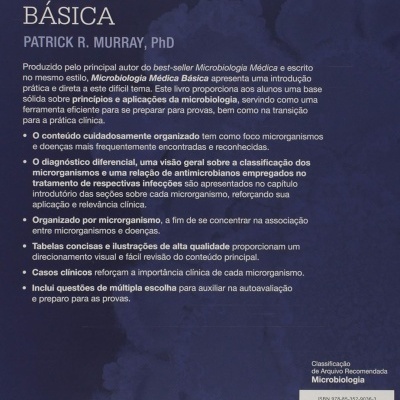 Contracapa do livro Microbiologia Médica Básica com texto descritivo em fundo azul escuro