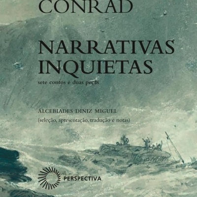 Capa de livro NARRATIVAS INQUIETAS de Joseph Conrad com imagem de mar agitado e barco