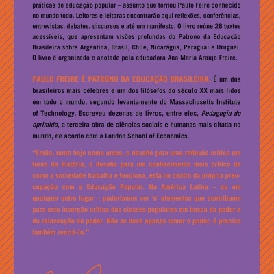 Verso de livro roxo com texto laranja e preto, assinatura e código de barras.