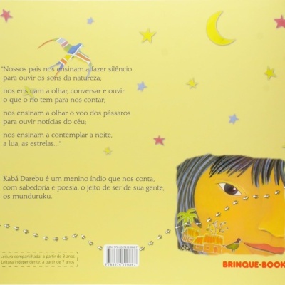 Capa traseira de livro infantil amarelo com texto e ilustrações coloridas