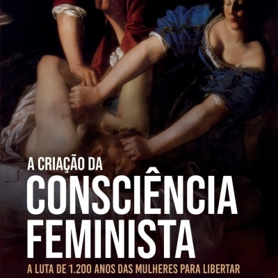 Capa de livro com pintura clássica e texto sobre consciência feminista.