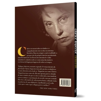 Capa traseira de livro de Clarice Lispector com texto e fotografia em sépia
