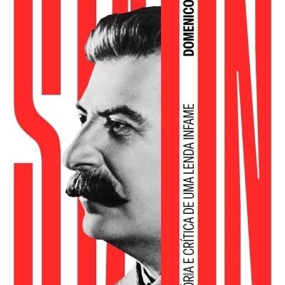 Capa de livro com foto preta e branca de perfil de homem e texto STALIN em vermelho