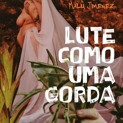 Capa de livro com uma pessoa nua com tecido branco e plantas em frente