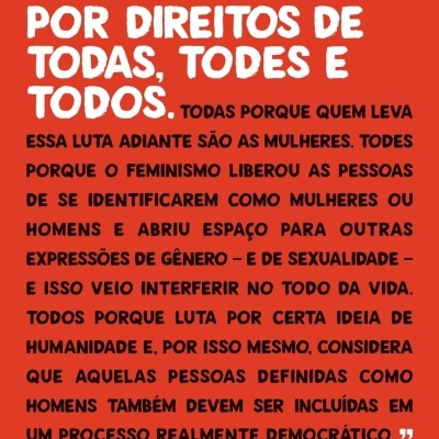 Capa traseira de livro vermelha com texto sobre feminismo em branco e preto e código de barras.