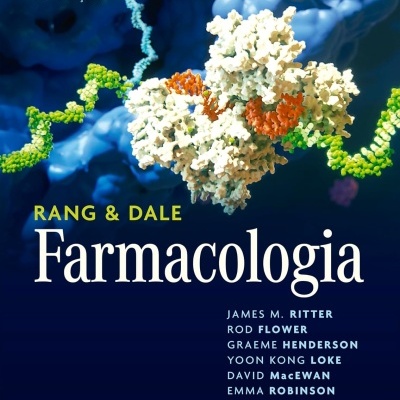 Capa de livro de farmacologia com modelo molecular colorido e texto de título e autores