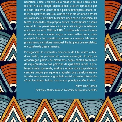 Capa traseira de livro com padrão geométrico colorido e texto explicativo