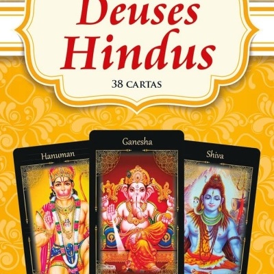 Caixa de Tarô dos Deuses Hindus com cartas visíveis de Hanuman, Ganesha e Shiva.