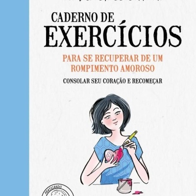 Capa de livro com ilustração de mulher pintando um coração partido em fundo branco e azul
