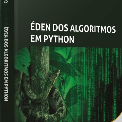 Livro ÉDEN DOS ALGORITMOS EM PYTHON com imagem de cobra e código digital.