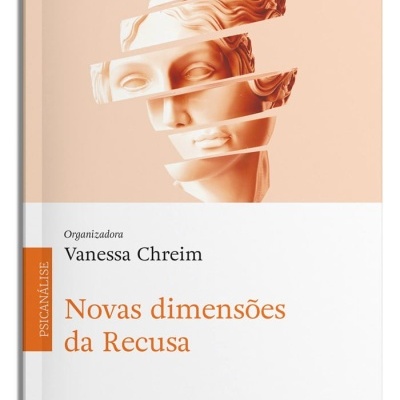 Capa de livro Novas dimensões da Recusa com busto clássico partido em fatias e texto em branco e laranja