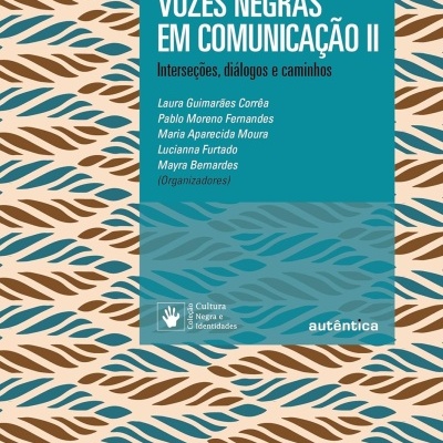 Capa de livro azul com padrão abstrato castanho e azul e texto branco e preto