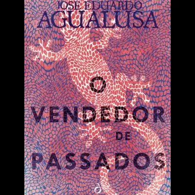 Capa do livro Vendedor de Passados com lagarto ilustrado e texto em azul sobre fundo texturizado vermelho e azul