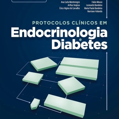 Capa do livro Protocolos Clínicos em Endocrinologia e Diabetes com elementos gráficos e texto em português.