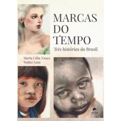 Capa do livro Marcas do Tempo com ilustrações de três pessoas e texto em português.