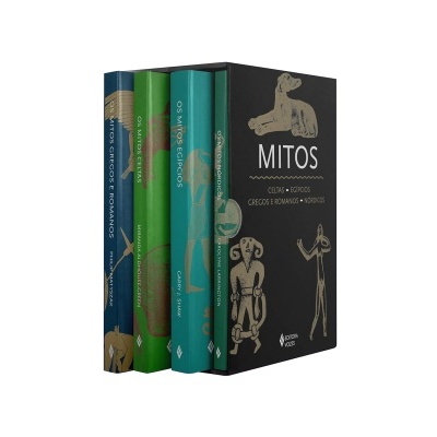 Conjunto de livros sobre mitos em caixa preta decorada.
