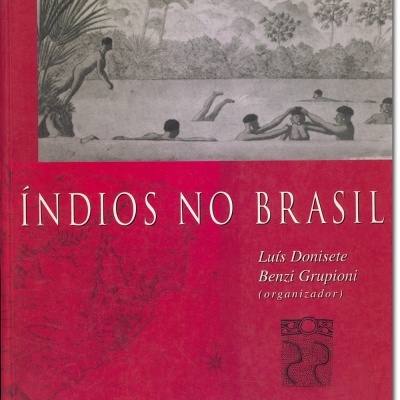 Capa do livro ÍNDIOS NO BRASIL com ilustração de índios a nadar