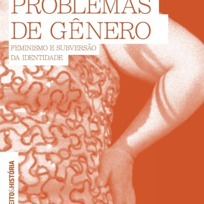 Capa de livro laranja com texto sobre problemas de gênero e imagem de uma mulher com vestido estampado.