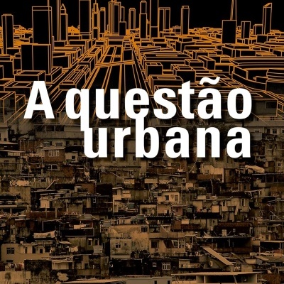 Capa de livro AQUESTÃO URBANA com desenho urbano e favela em fundo escuro