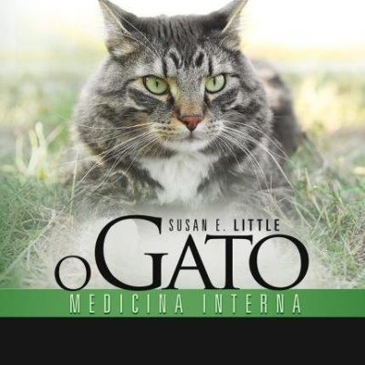 Livro sobre gato cinzento malhado com olhos verdes na relva