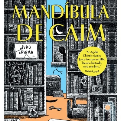 Capa do livro A Mandíbula de Caim com ilustração de estantes de livros e objetos diversos