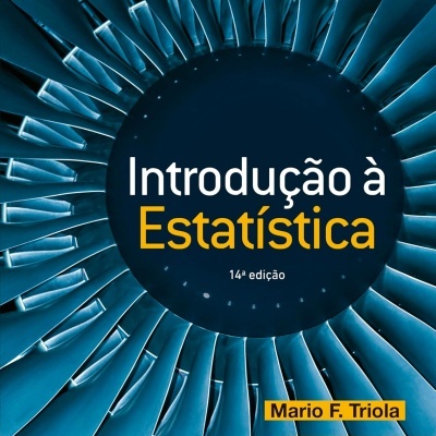 Capa de livro com texto Introdução à Estatística 14ª edição Mario F. Triola e design de pás azuladas.