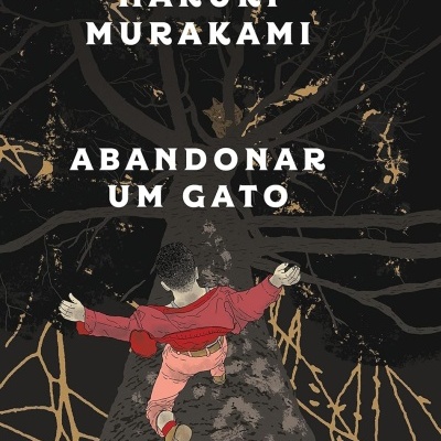 Capa de livro com desenho de pessoa correndo numa árvore grande com galhos pretos e dourados