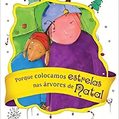Capa de livro infantil com menina e cão em roupas de inverno e texto em laço amarelo