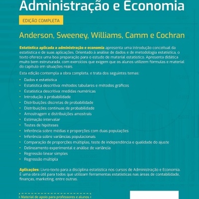 Contracapa de livro azul com texto branco e amarelo sobre estatística aplicada à administração e economia.