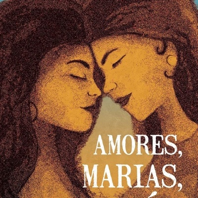 Capa do livro Amores, Marias, Marés com ilustração de duas mulheres de pele laranja e cabelo castanho escuro, texto e fundo azul.