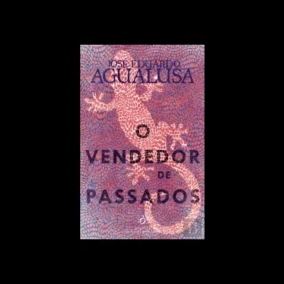 Capa de livro Vendedor de Passados com padrão azul e vermelho e lagarto abstrato