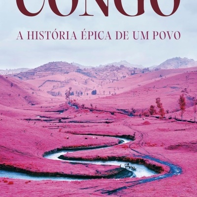 Capa de livro com paisagem rosa e texto sobre Congo