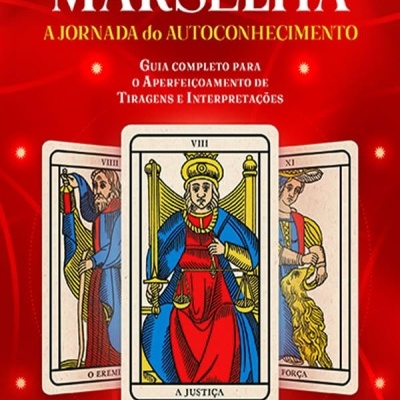 Capa do livro Tarô de Marselha com cartas de tarô e texto em vermelho e amarelo