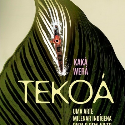 Capa de livro com folha verde, canoa e texto sobre arte indígena