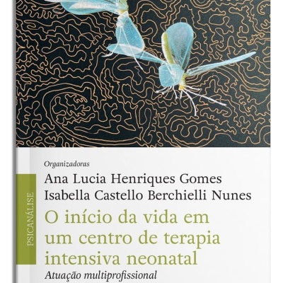 Capa do livro com desenho de insetos azuis sobre fundo preto com linhas douradas e texto em português em fundo branco
