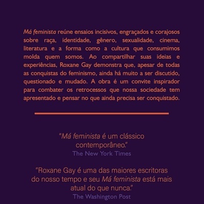 Capa traseira do livro Má feminista com texto em laranja e branco sobre fundo roxo
