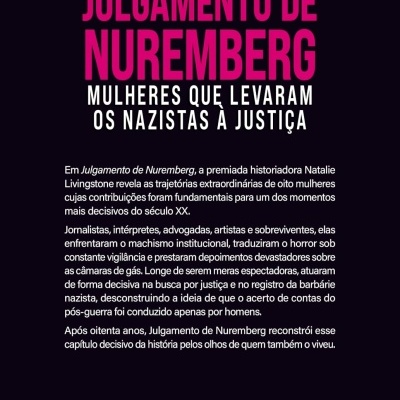 Contracapa do livro Julgamento de Nuremberg Mulheres que levaram os nazistas à justiça com texto explicativo e logótipo da editora Amarilys.