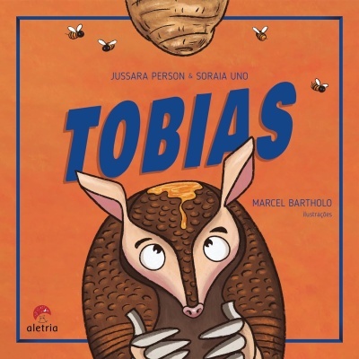 Capa de livro com tatu e abelhas em fundo laranja