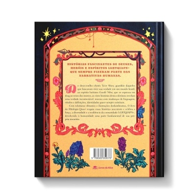 Capa traseira de livro com texto em português e decoração floral colorida
