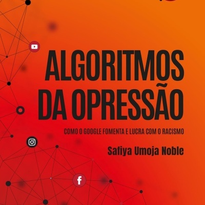 Capa de livro com fundo laranja e vermelho com título em preto e ícones de redes sociais.